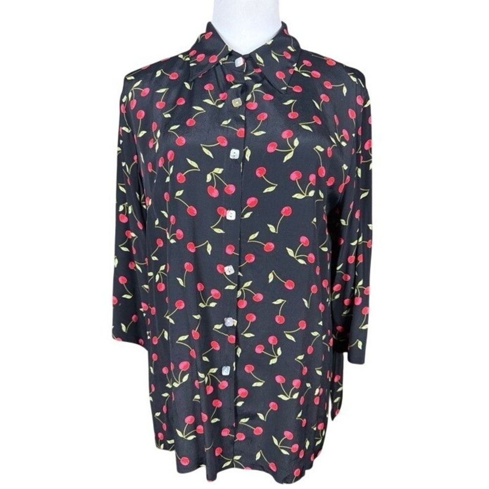 Pink Wheels Womens Cherry Print Rayon Crepe Button‎ Down Shirt Black Red Medium